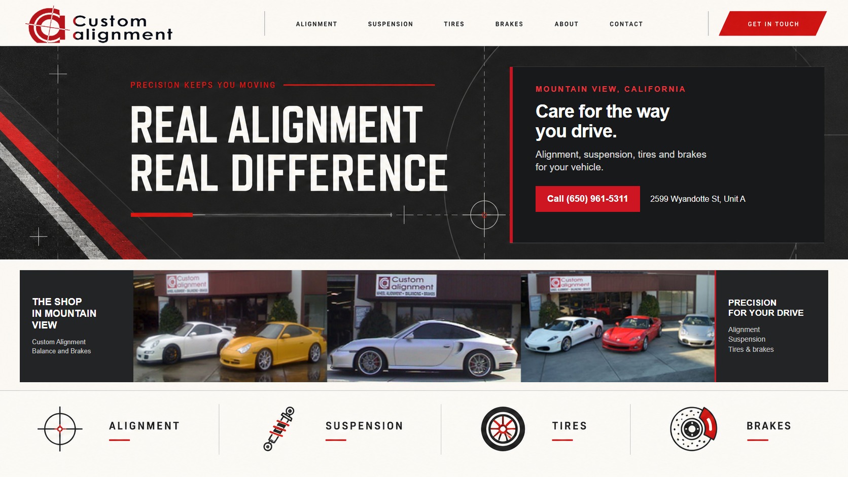 Proposed Custom Alignment homepage: logo, navigation, headline, shop photo montage and service paths